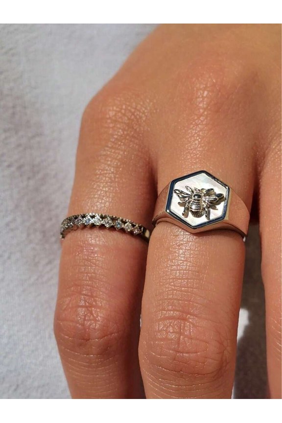 Silver Hexagonal Bee Signet Ring, Fashion Statement Jewelry For Everyday