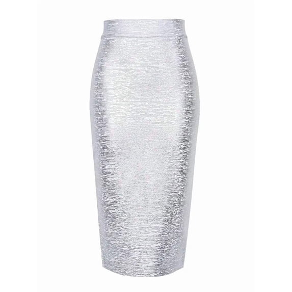 Silver High-Waisted Slim-Fit Mid-Length Pencil Skirt With Metallic Sheen