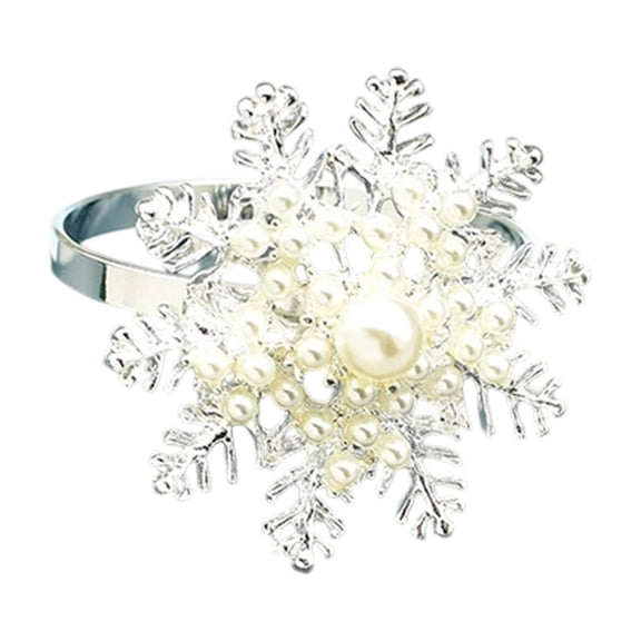 Silver Holiday Snowflake Napkin Ring With Gold And Silvery Pearl Hollow Design For Christmas Dinner Party Wedding Table Decor Elegant Alloy Material Festive Decor