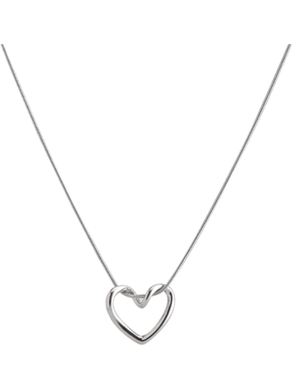 Silver Hollow Heart Necklace - Solid Round Chain with Adjustable Length - Cute Stylish Pendant