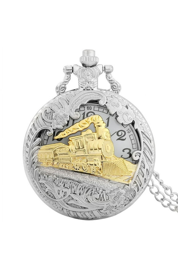 Silver Hollow Train Locomotive Steampunk Quartz Pocket Watch Women Men Necklace Pendant with Chain Birthday Gift
