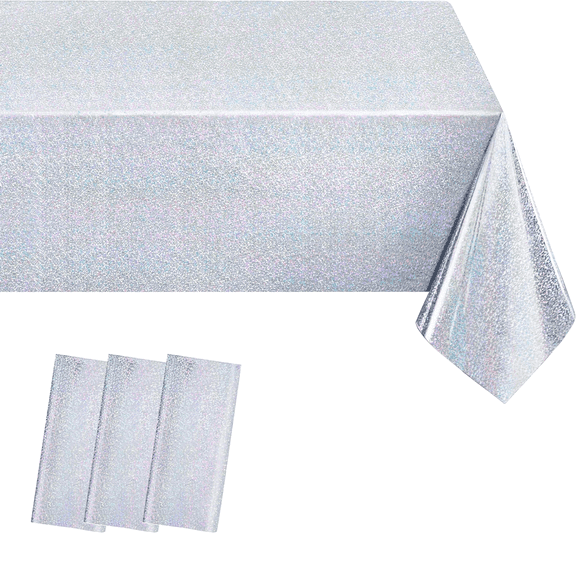 Silver Holographic Foil Tablecloths - 3 Pack 40x108 Inch | Disposable Plastic Party Table Covers for Birthday,Wedding,Christmas Decorations | Holiday Party Supplies,Laser Shine Event Decor