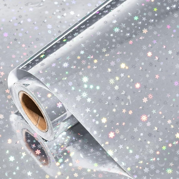 Silver Holographic Wrapping Paper Roll, Snowflakes Stars Moon Metallic Foil for Christmas, Winter Holiday, Birthday, Wedding, Engagement, Party Celebrations, Mini Roll 17 in x 32.8 ft