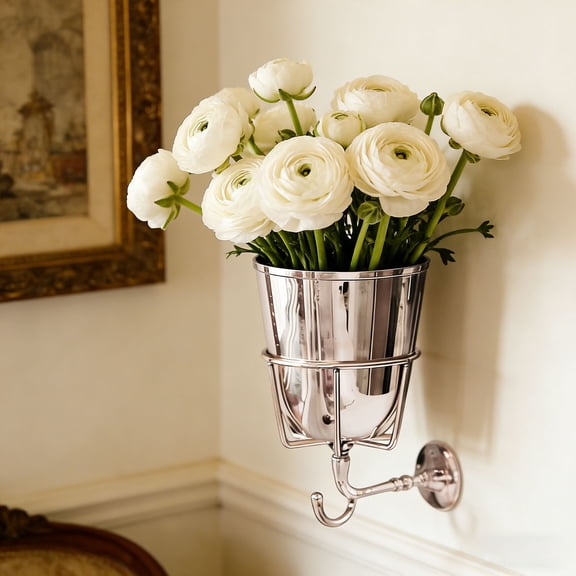 Silver Hook Flower Pot Holder - Integrated Metal Creative Wall Hanging Home Decoration, Wrought Iron Plant Rack with Key Hook, 3‑5 LB