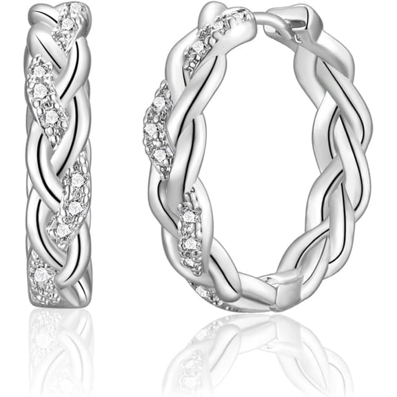 Silver Hoop Earrings Fine for women, hypoallergenic skin-friendly Silver Twisted Hoops with Cubic Zirconia, Lightweight 14K White Gold Plated Rope Hoop Earrings (15/20 MM)[q413]