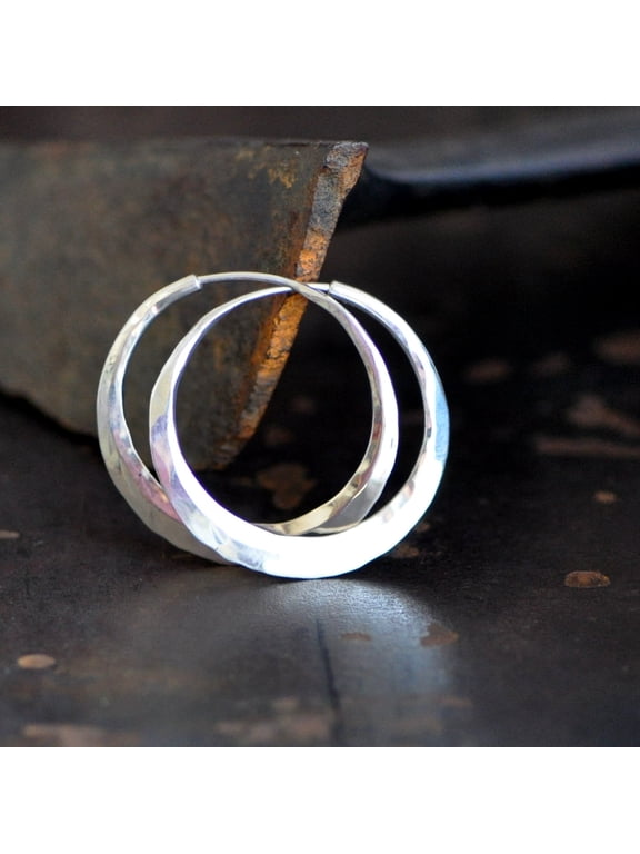 Silver Hoop Earrings Hammered Endless Self-Locking Pair, Handmade Round Latch Back for Pierced Ears