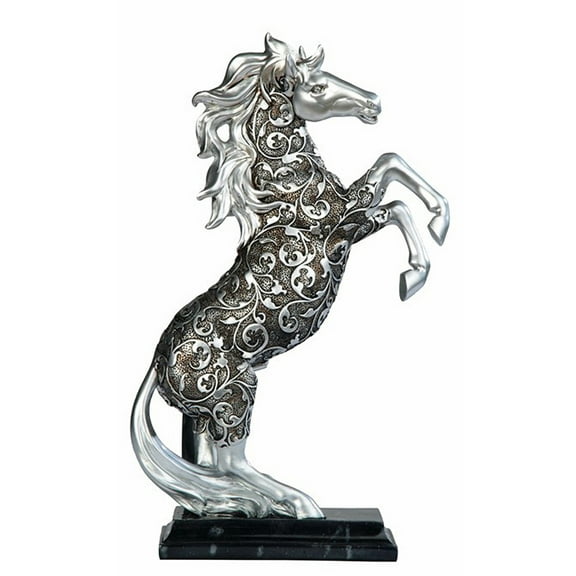 Silver Horse Statue - 12in Ornate Pattern Blazoned Bucking Stallion Statuette
