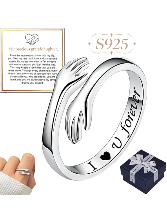 Silver Hug Rings for My Granddaughter, To My Granddaughter - Hug Ring, Always Keep Me in Your Heart Adjustable Silver Rings, Granddaughter Gift from Grandma for Birthday Christmas (Silver)