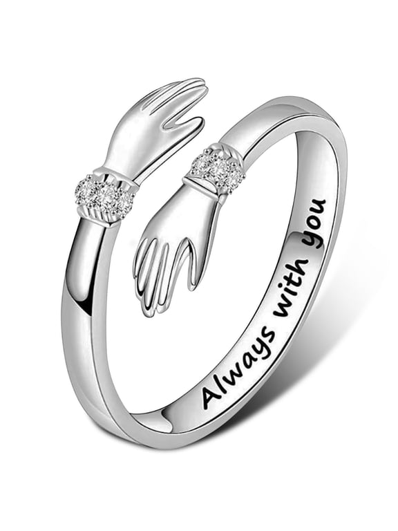 Silver Hug Rings for Women Engraved-Words Hugging Hands Open Friendship Jewelry Gift Adjustable Antique Rings