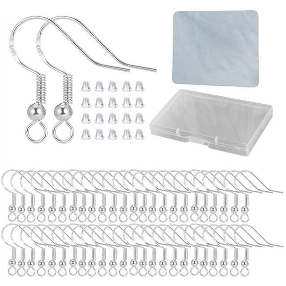 Silver Hypo-allergenic Earring Hooks - 120 Pcs /60 Pairs S925 Sterling Silver Plated Ear Wires Fish Hooks for Jewelry Making, Jewelry Findings Parts with Rubber Earring Backs Stopper for DIY Earrings