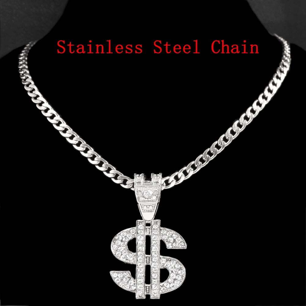 Silver Iced Out Bling Rhinestone Dollar Pendant Men‘s Necklace with