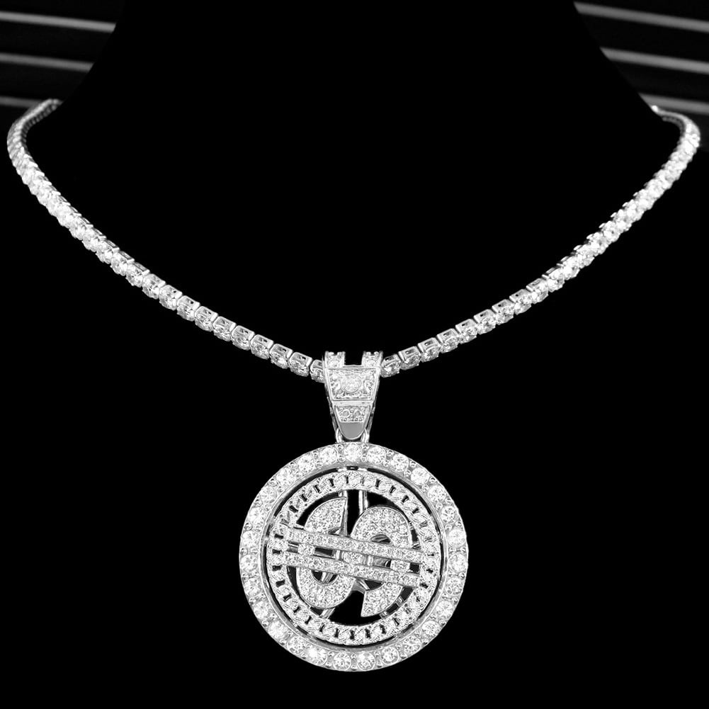 Silver Iced Out Bling Rhinestone Dollar Pendant Men‘s Necklace with