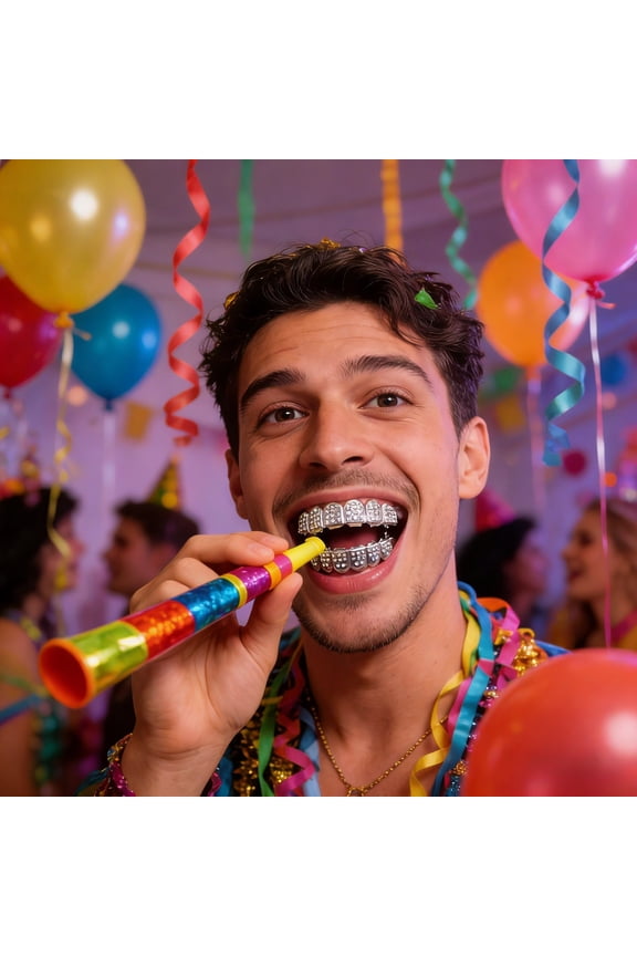 Silver Iced-Out Grillz - Full Top & Bottom Teeth Set, Hop Bling for Parties, Halloween, and Festivals