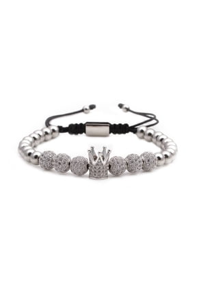 Silver Imperial Crown Beaded Bracelet, Luxury Micro Pave CZ Italian Style Royal King Charm Adjustable Braided Bracelet for Men Fashion Jewelry Gift