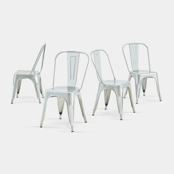 Silver Industrial Metal Dining Chairs 18 Inch Seat Height Stackable, Set of 4