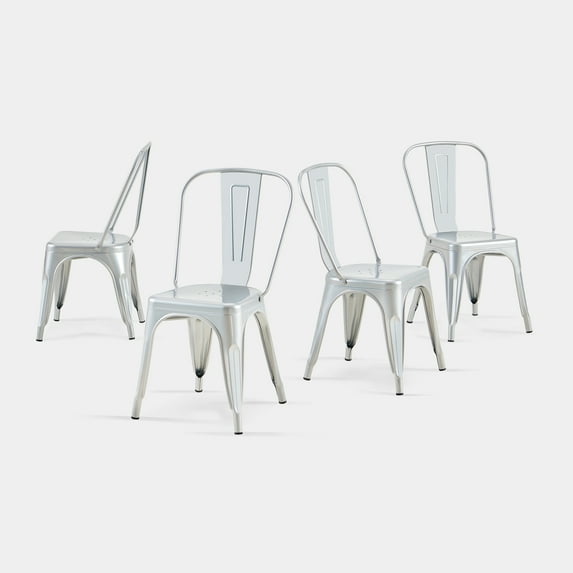 Silver Industrial Metal Dining Chairs 18 Inch Seat Height Stackable, Set of 4