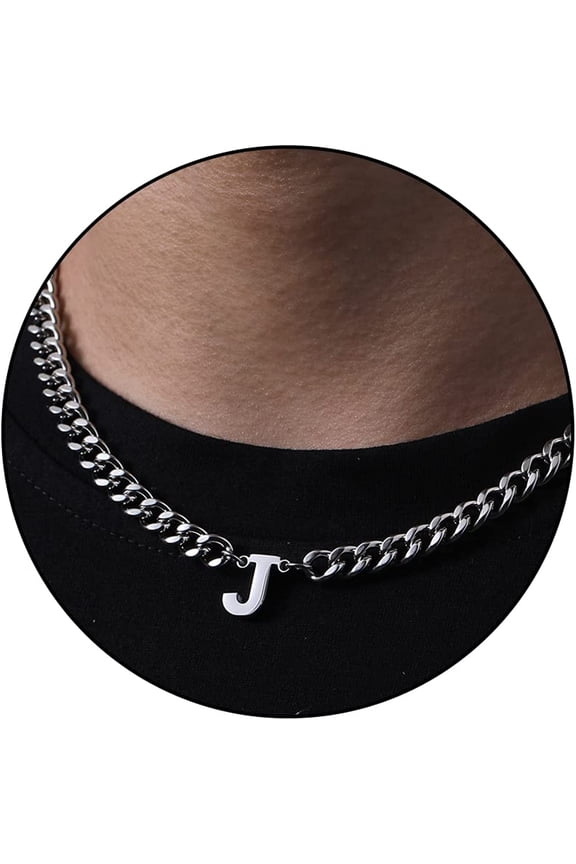 Silver Initial A-Z Cuban Link Chain Necklace for Men Women Letter Pendant Stainless Steel 6.5mm 18+2 Inches Jewelry Gift
