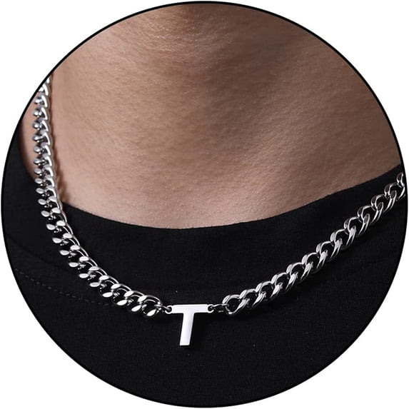 Silver Initial A-Z Cuban Link Chain Necklace for Men Women Letter Pendant Stainless Steel 6.5mm 18+2 Inches Jewelry Gift