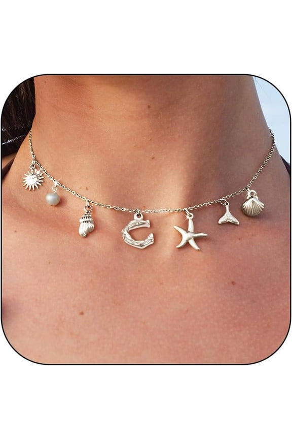 Silver Initial Charm Necklaces For Women Trendy Shell Starfish Seashell Letter Choker Necklace Alphabet Personalized Pendant Necklace Summer Beach Surfer Jewelry Gifts Boho Charms Jewelry Gi[o2561]