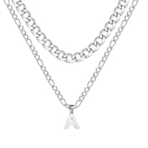 Silver Initial Letter A-Z Pendant Necklace for Men Layered Cuban Figaro Stainless Steel Personalized Chain Necklace Jewelry Christmas Valentine's Day Birthday Gift for Men