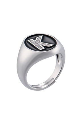 Silver Initial Letter Ring | Black Enamel Cubic Zirconia Signet Ring | Adjustable Statement Rings for Women Prom Cocktail Costume Jewelry