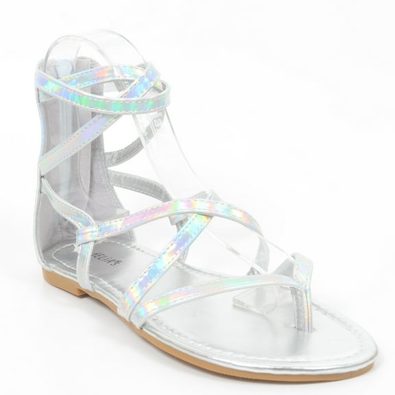 Silver Iridescent Gladiator Flat Sandals Women's Shoes