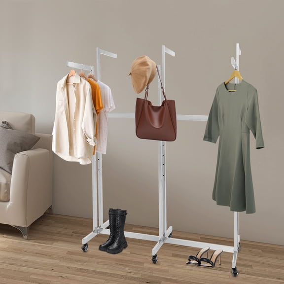 Silver Iron 116x50x120-158cm Six-Arm Clothing Display Rack Adjustable Clothes Hanger With Wheels