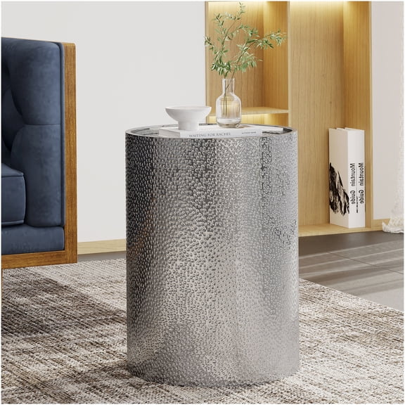 Silver Iron Round Side Table, Hammered Metal End Table for Living Room, No Assembly Required Accent Table