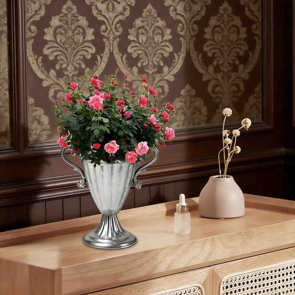 Silver Iron Vase 8.3x8.3x4.7 Inch - Metal Urn Planter for Wedding Event Centerpiece, Rust Resistant Home Office Decor, Flower Arrangement, Decorative Gift, 1 Piece