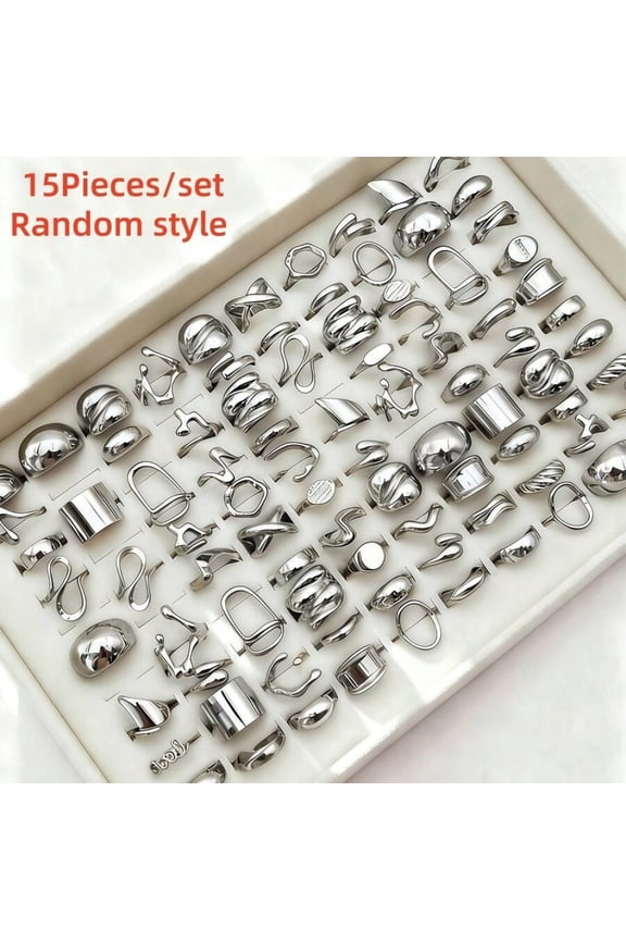 Silver Irregular Ring Set: 15pcs Asymmetrical Geometric Liquid Wavy Textured Stackable Metal Rings