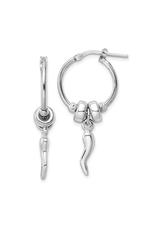 Rhodium Plated Sterling Silver Italian Horn Hoop Earrings, 18.95mm Polished Italian Horn Earrings for Women
