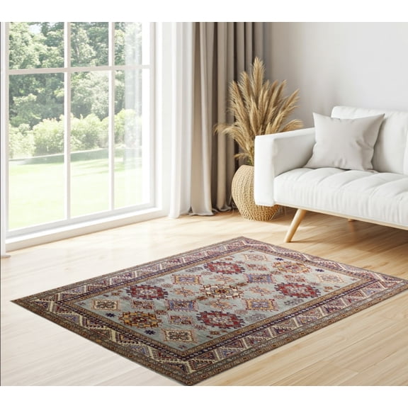 Silver Ivory Premium Handwoven Pure Wool Super Kazak Rug, 5ft 8in x 8ft 3in