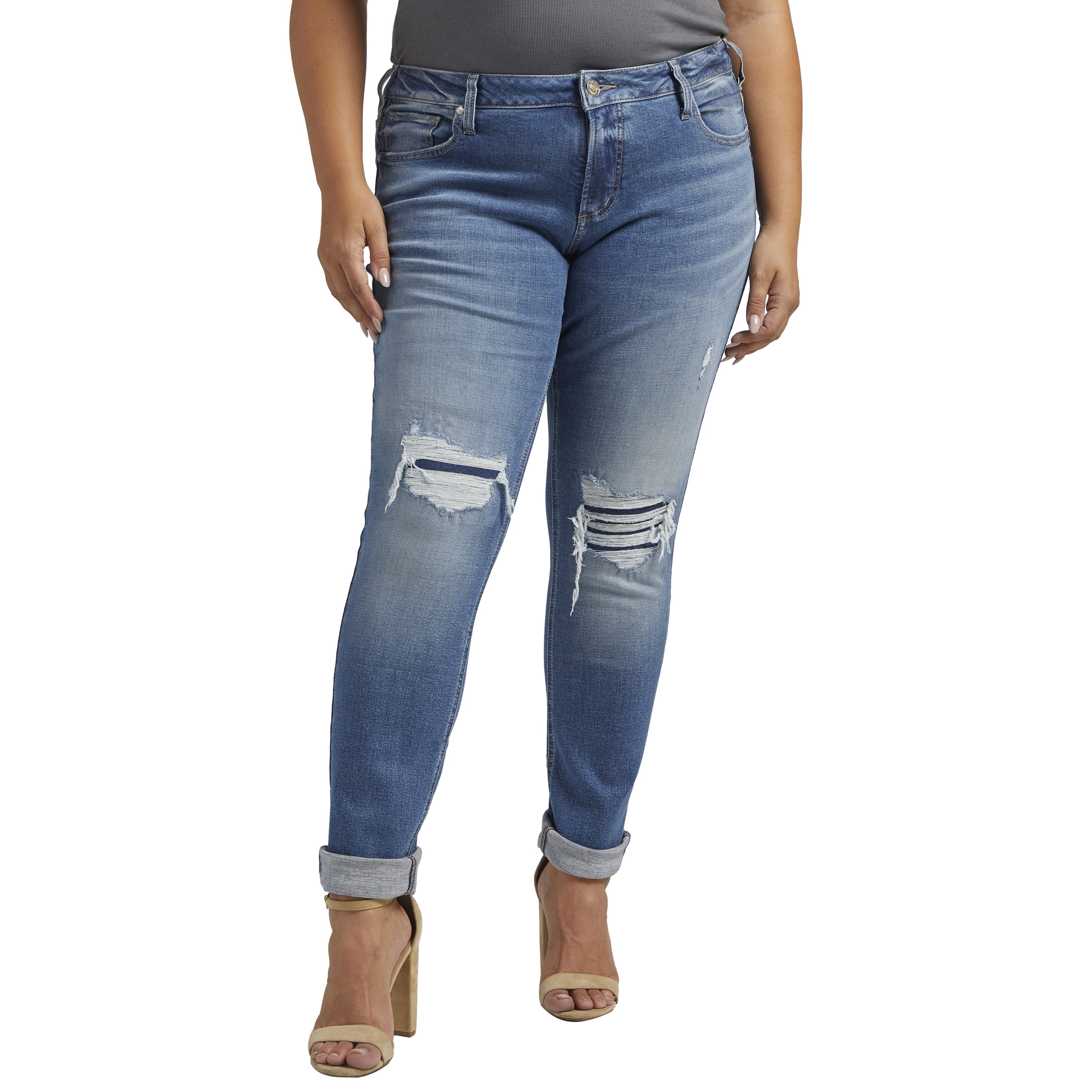 Silver Jeans Co. Women's Plus Size Girlfriend Mid Rise Slim Leg Jeans, Med  Wash Scv380, 12 Plus : : Clothing, Shoes & Accessories