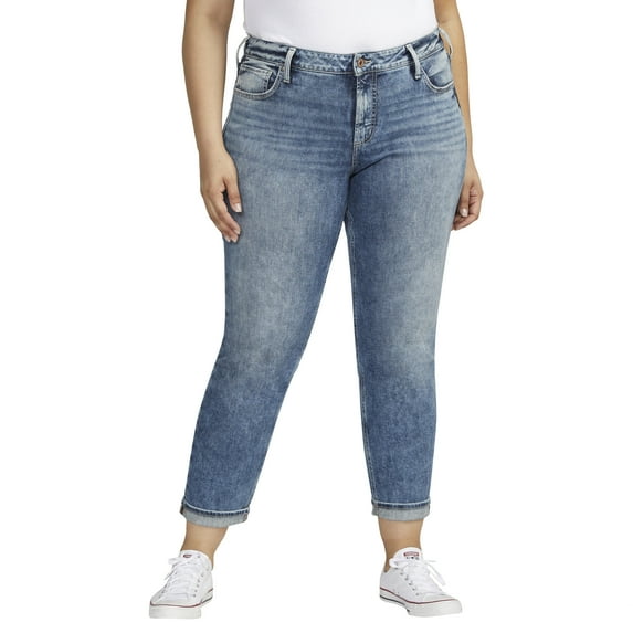 Silver Jeans Co. Women's Plus Size Boyfriend Mid Rise Slim Leg Jeans, Waist Sizes 12-24