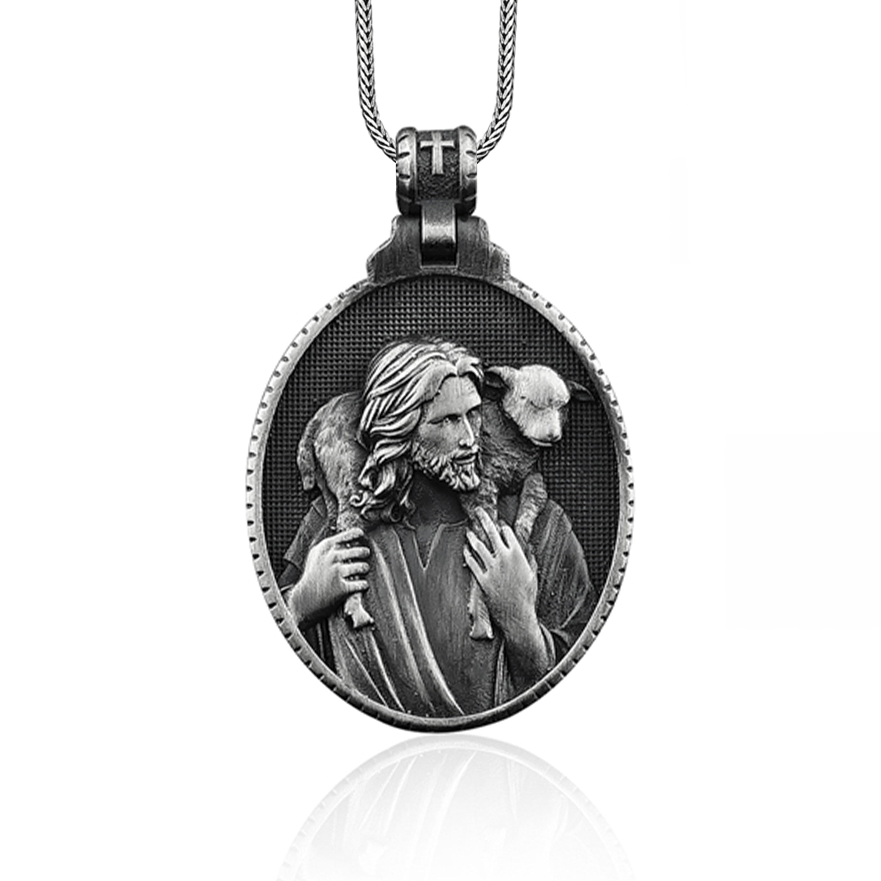 Silver Jesus Shepherd Men Necklace Silver Christian Pendant Men Religious Jewelry Solid Silver Jesus Medallion Catholic Jesus Mens Charm Walmart