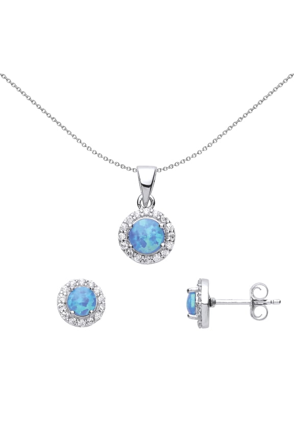 Silver Jewelco London Blue Opal Halo Earrings Necklace Set