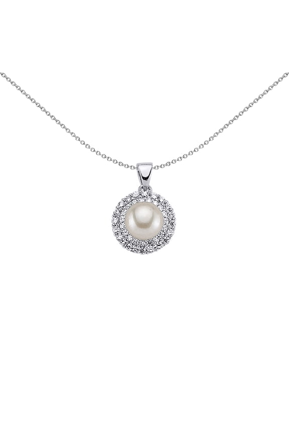 Silver Jewelco London CZ Pearl Halo Pendant Necklace 8mm 18 inch