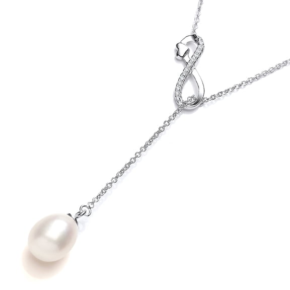 Silver Jewelco London CZ Pearl Infinity Love Heart Lariat Necklace 9x11mm