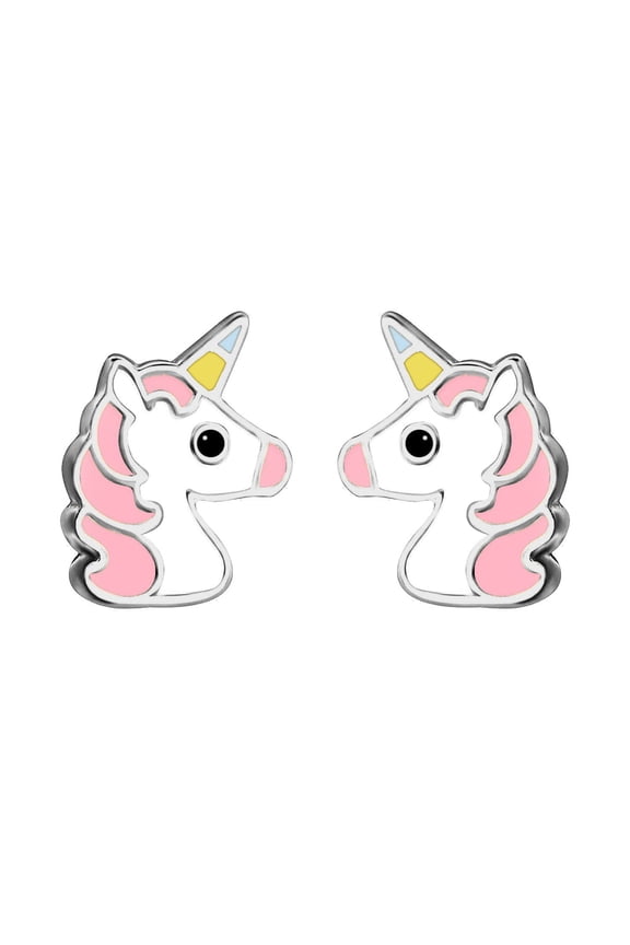 Silver Jewelco London Enamel Cute Cartoon Unicorn Stud Earrings 9mm