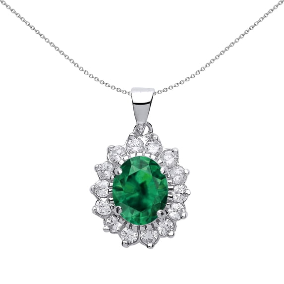 Silver Jewelco London Green Oval CZ Royal Cluster Pendant Necklace 18 inch