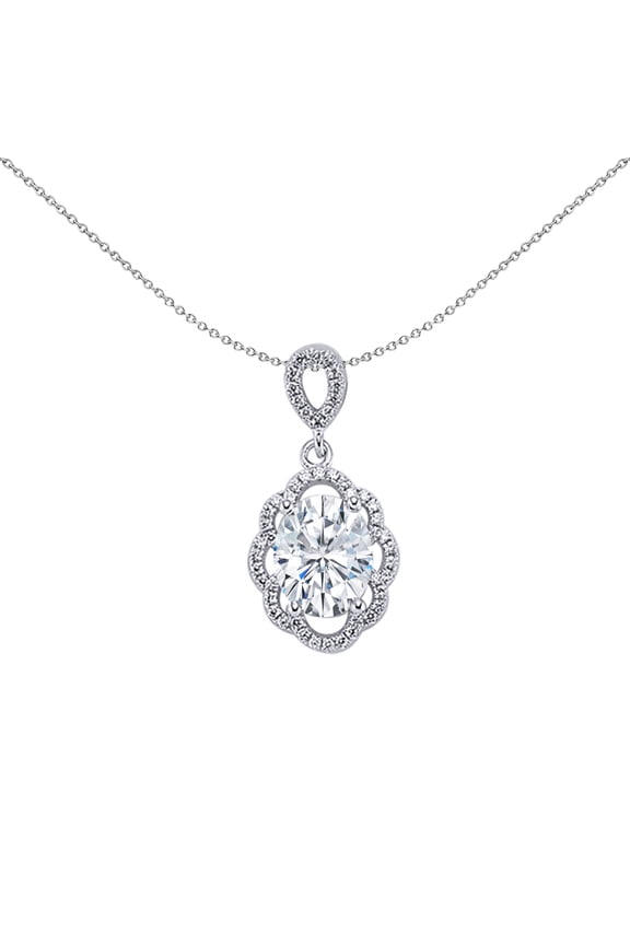 Silver Jewelco London Oval CZ Floral Halo Pendant Necklace 18 inch