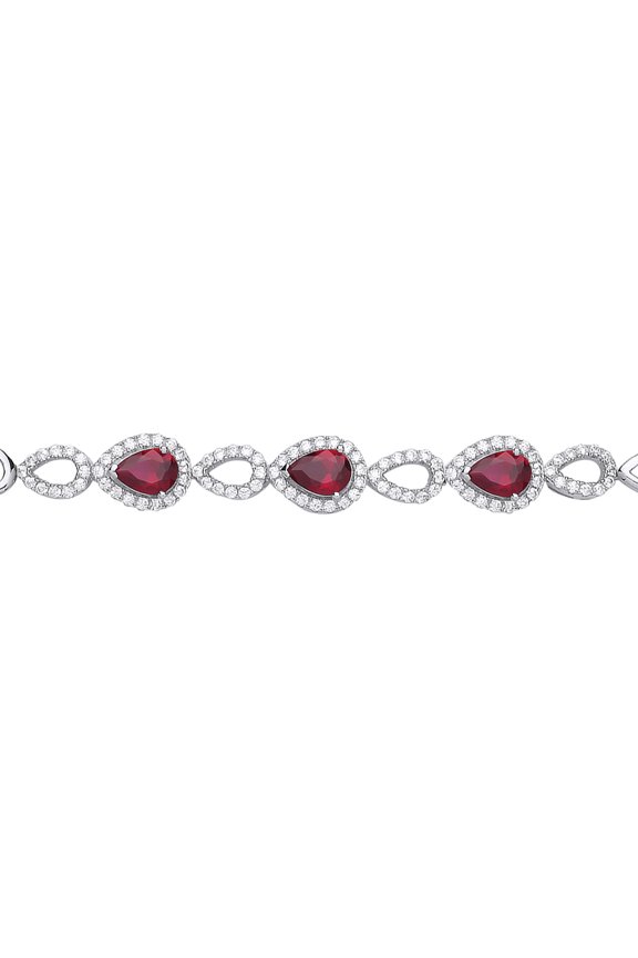 Silver Jewelco London Red Pear CZ Halo Cluster Tennis Bracelet 8mm