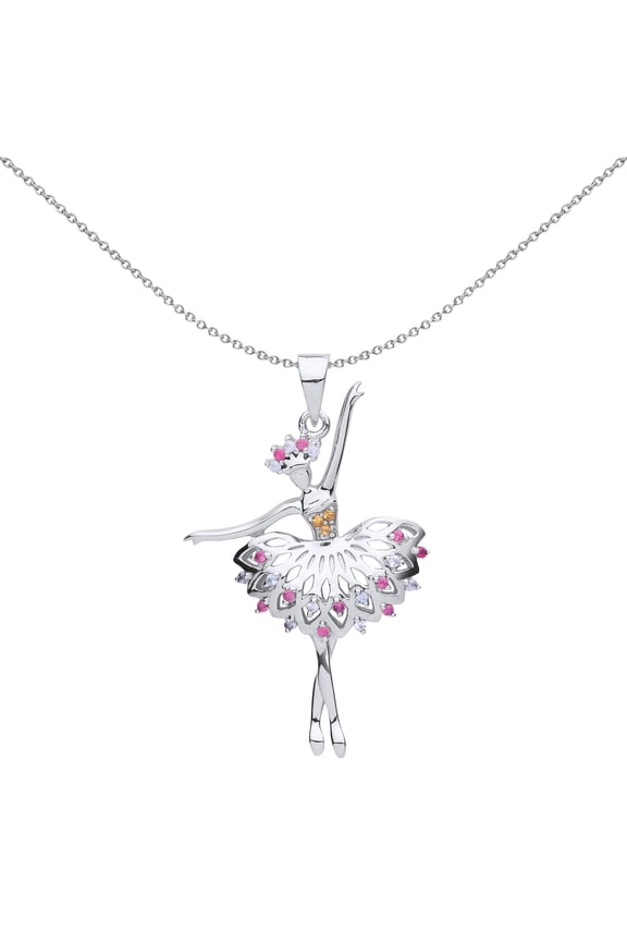 Silver Jewelco London Yellow Pink Lilac CZ Ballerina Ballet Dancer Charm Necklace 18 inch