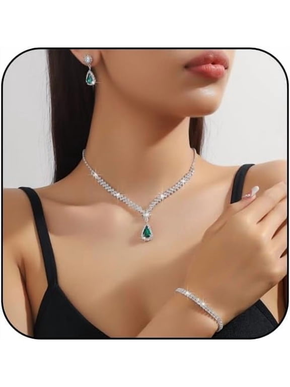 Silver Jewelry Set for Prom,Elegant Prom Jewelry Set Crystal Rhinestone Necklace Earrings Bracelet Brides Wedding Prom Dresses Costume Jewelry Accessories for Women