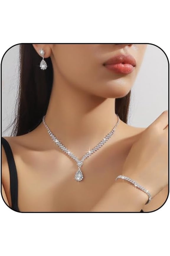 Silver Jewelry Set for Prom,Elegant Prom Jewelry Set Crystal Rhinestone Necklace Earrings Bracelet Brides Wedding Prom Dresses Costume Jewelry Accessories for Women