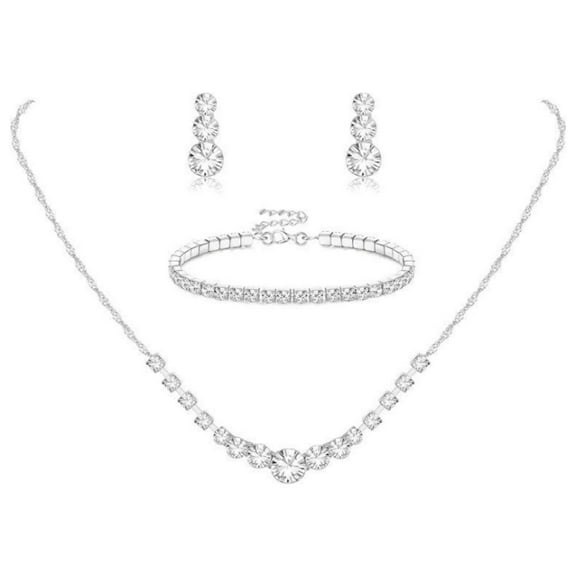 Silver Jewelry Set for Women Crystal Necklace Drop Earrings Link Bangle Bracelet