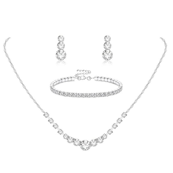 Silver Jewelry Set for Women,Rhinestone Necklace Bracelet Earrings for Brides