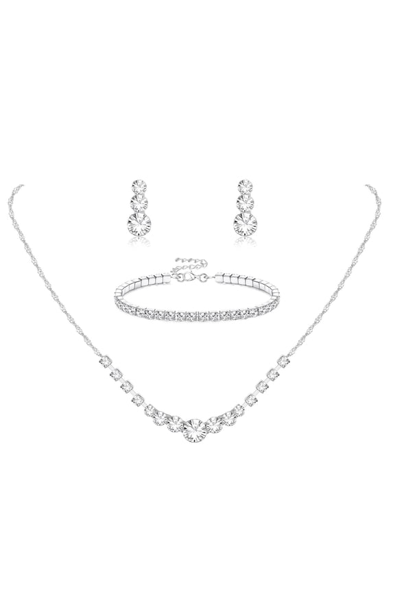 Silver Jewelry Set for Women,Rhinestone Necklace Bracelet Earrings for Brides