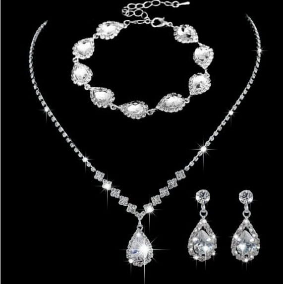 Silver Jewelry Sets Rhinestone Wedding Necklace Earrings Bracelet Set Prom Formal Costume Jewelry for Women and Brides