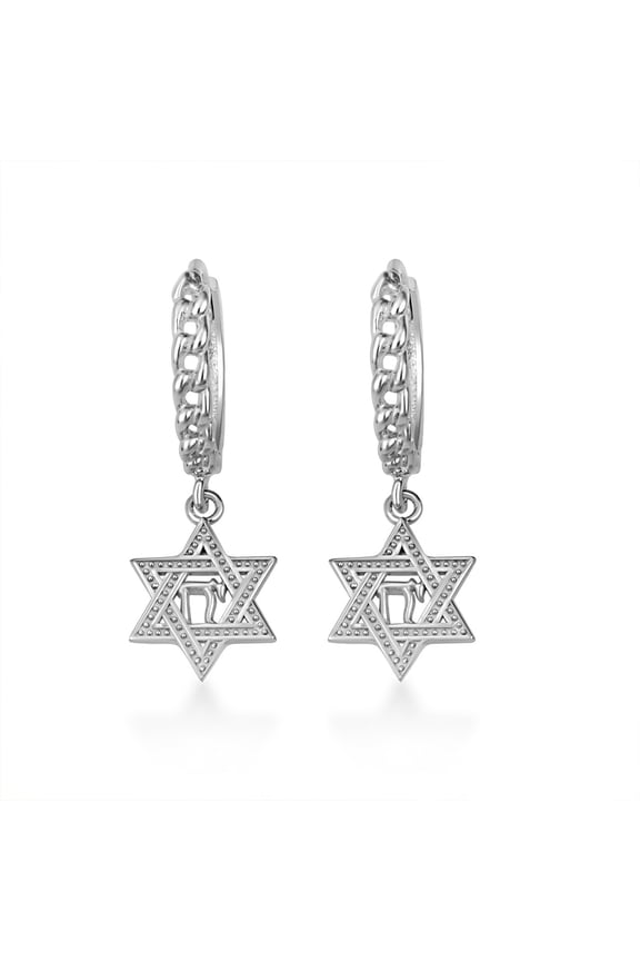 Silver Jewish Chai Star Of David Cuban Link Huggie Hoop Earrings